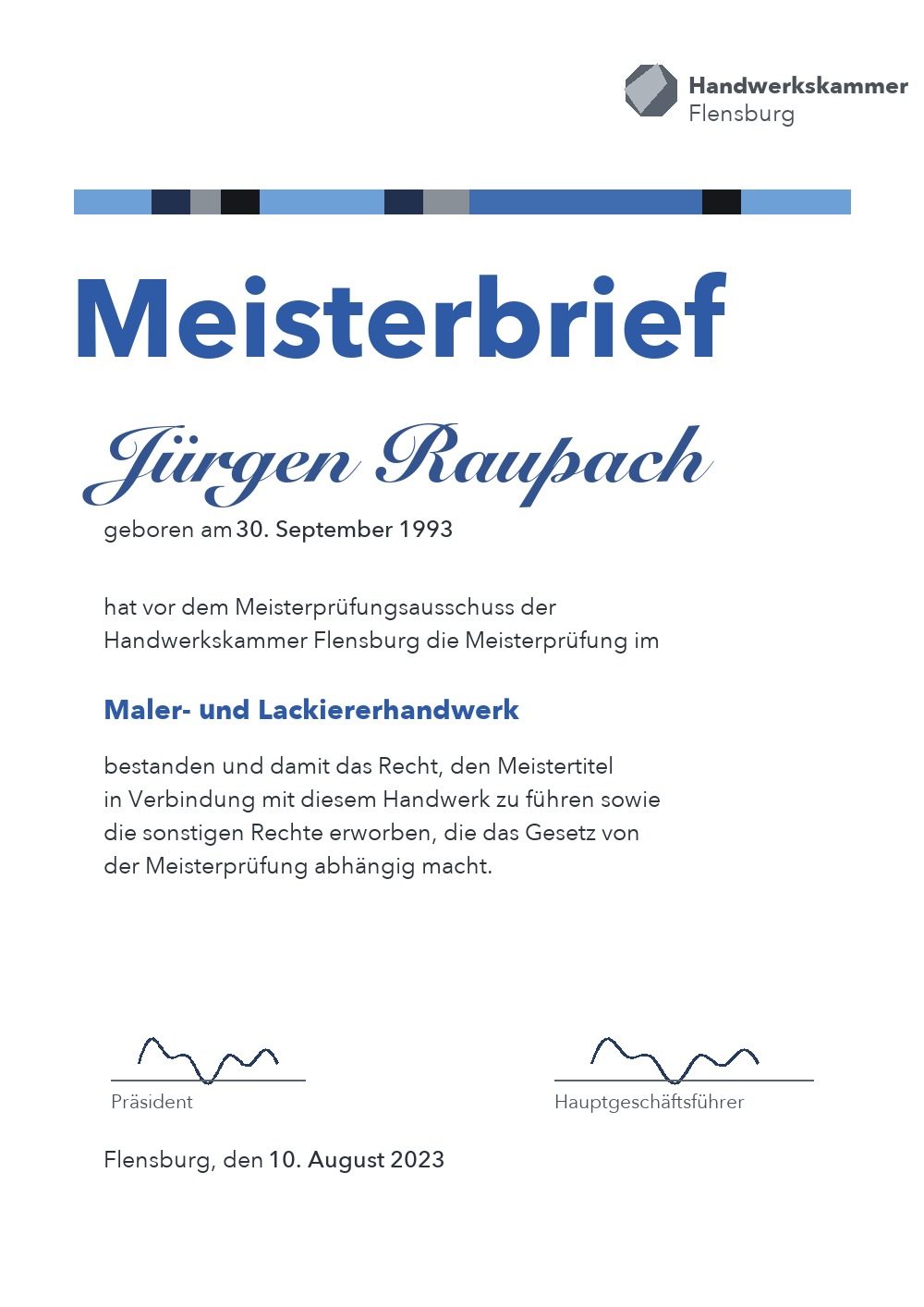 Meisterbrief Maler- und Lackiererhandwerk · Handwerkskammer Flensburg